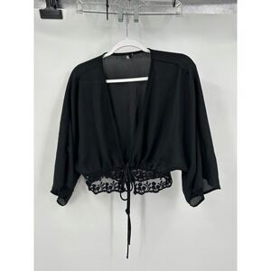 Womens‎ Whimsigoth Sheer Kimono Top Size M Black Lace Trim Witchy Romantic Crop